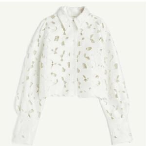 BNWT H&M Satin Button-Up Shirt Blouse W/ Eyelet Embroidery  Ecru S